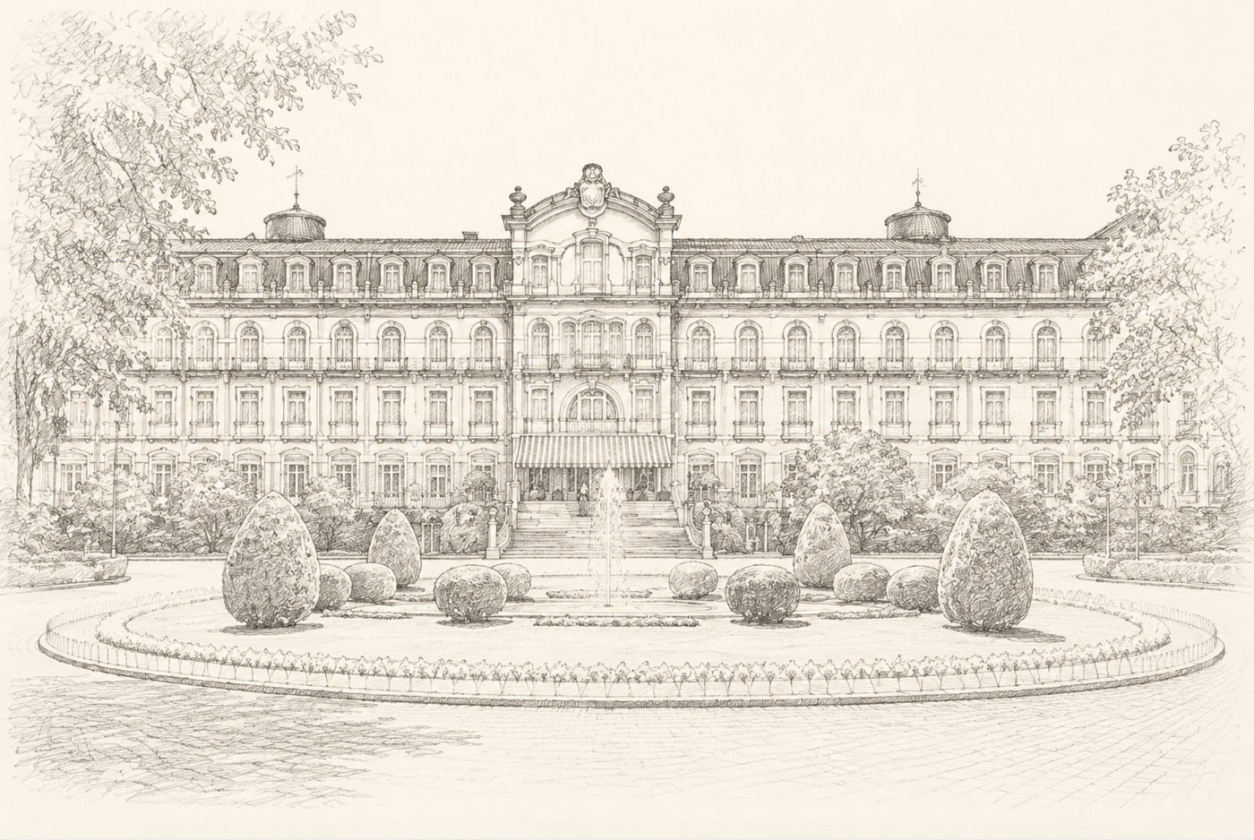 Desenho a lápis da fachada do Vidago Palace